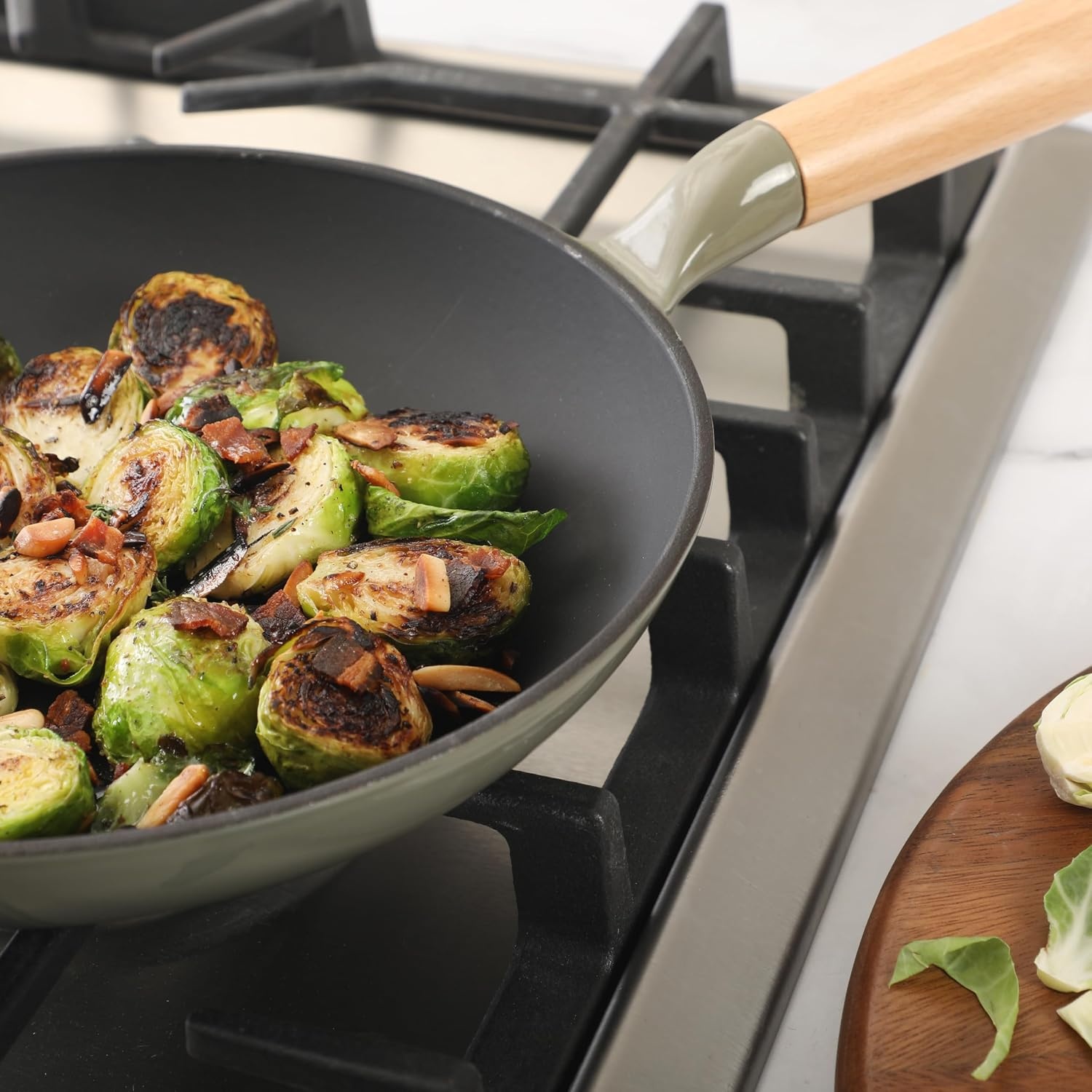 image:imageSur La Table Kitchen Essential Main Canteen 95 PreSeasoned Cast Iron Skillet wWood Handle Natural Nonstick Lightweight Frying Pan for Searing Sauting amp Everyday Cooking Juniper GreenJuniper Green Skillet