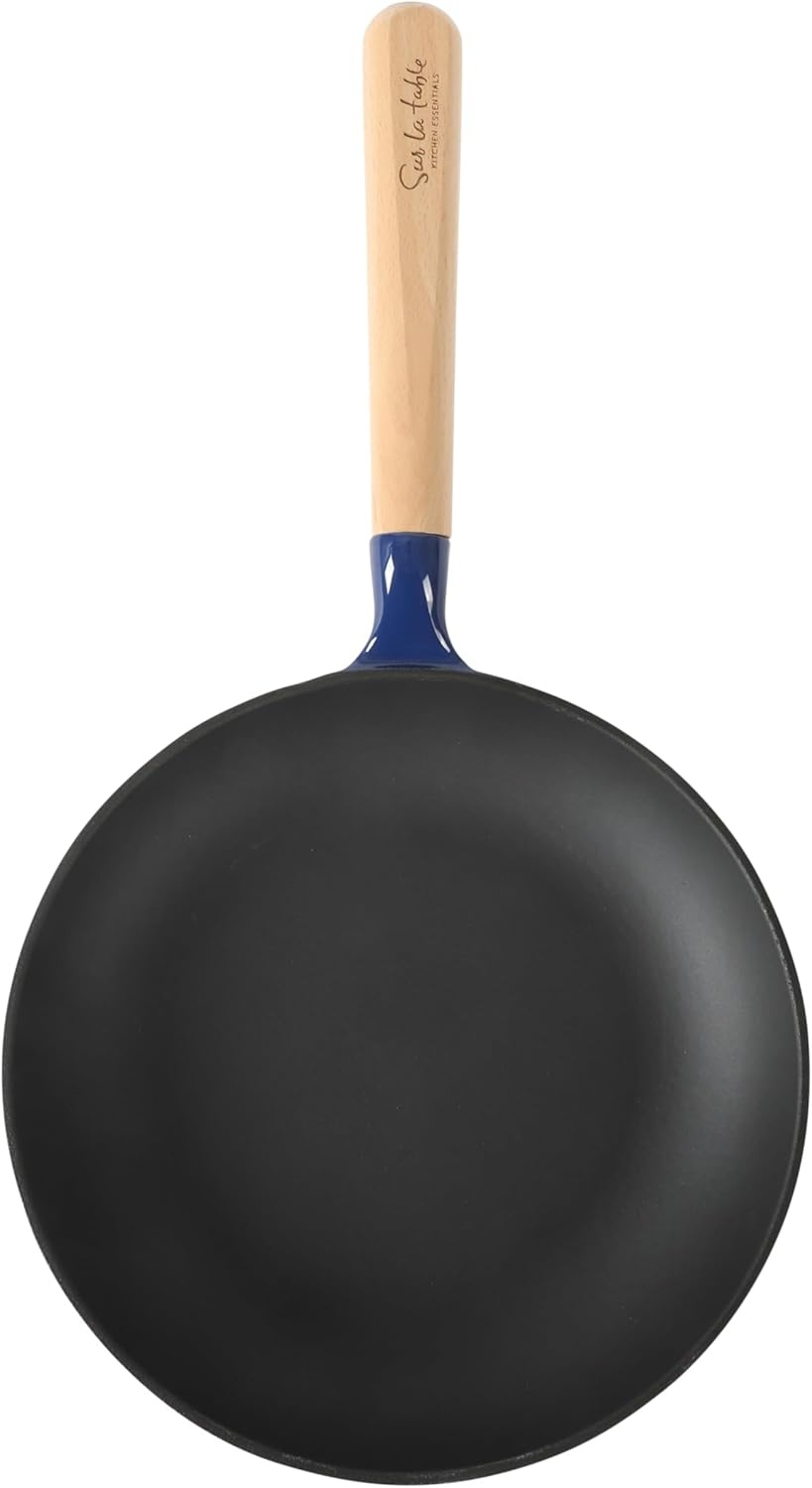 image:imageSur La Table Kitchen Essential Main Canteen 95 PreSeasoned Cast Iron Skillet wWood Handle Natural Nonstick Lightweight Frying Pan for Searing Sauting amp Everyday Cooking Juniper GreenBlue Skillet
