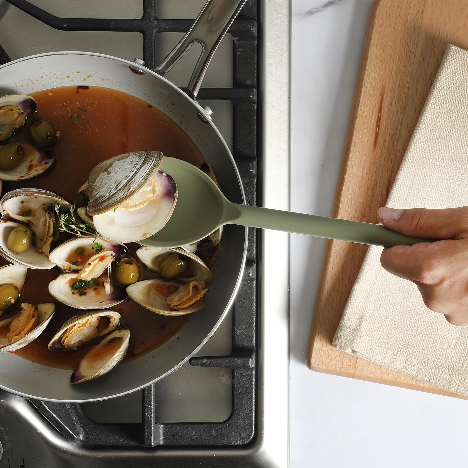 image:imageSur La Table Kitchen Essential Mealcraft Silicone Slotted Turner TaupeJuniper Green Silicone