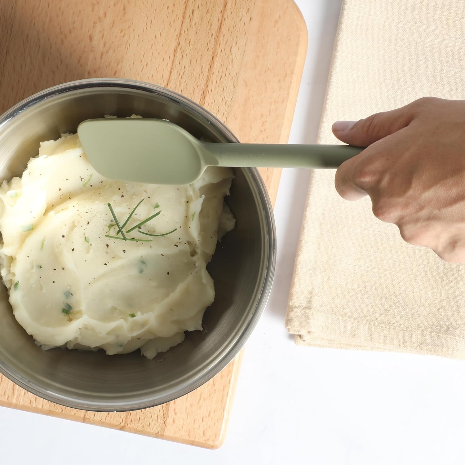image:imageSur La Table Kitchen Essential Mealcraft Silicone Slotted Turner TaupeJuniper Green Silicone
