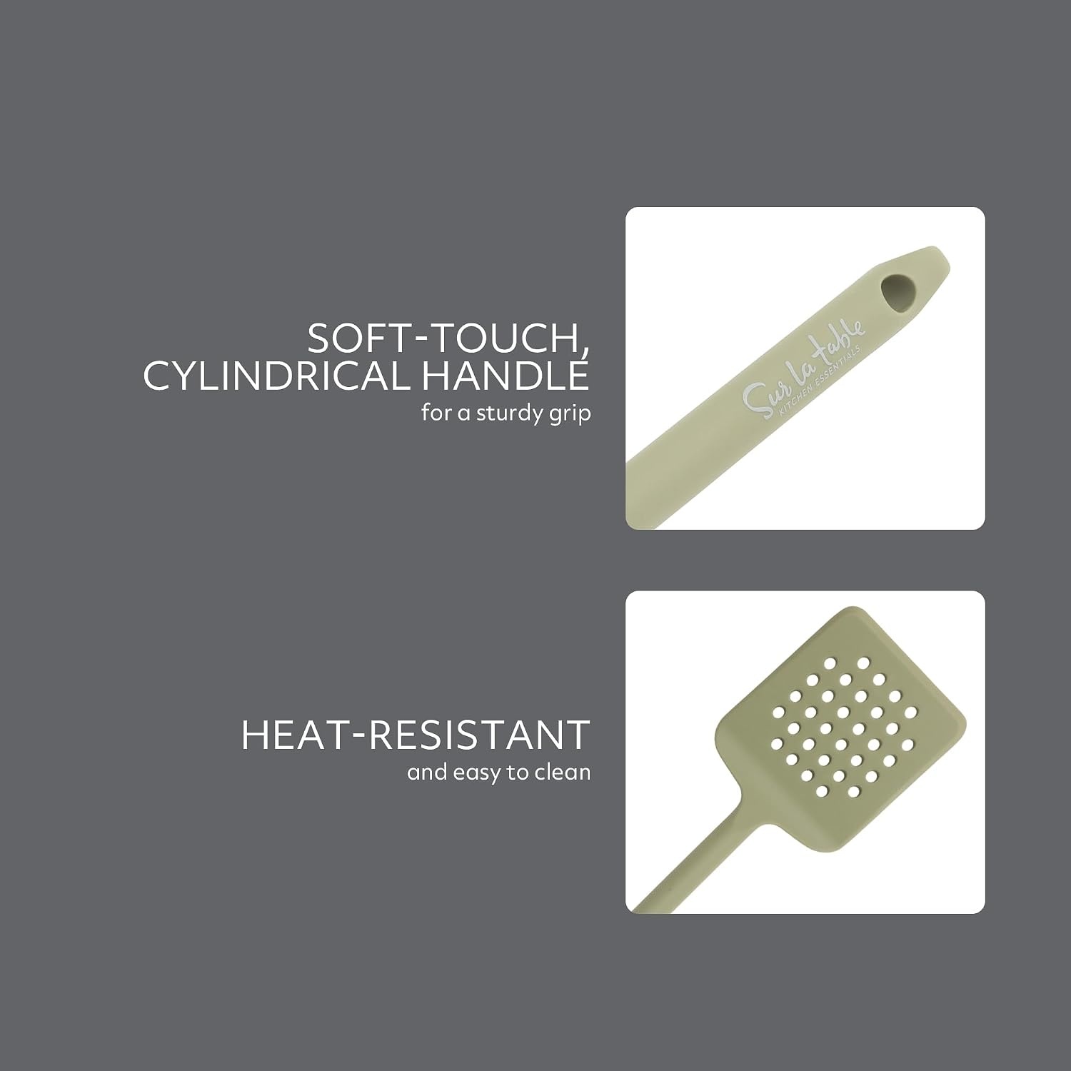 image:imageSur La Table Kitchen Essential Mealcraft Silicone Slotted Turner TaupeJuniper Green Silicone