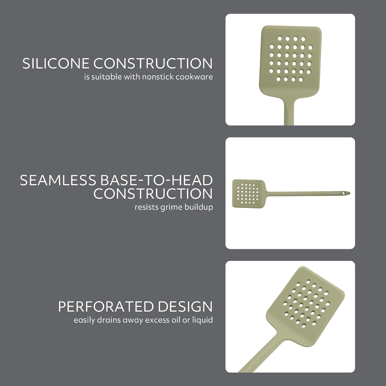 image:imageSur La Table Kitchen Essential Mealcraft Silicone Slotted Turner TaupeJuniper Green Silicone