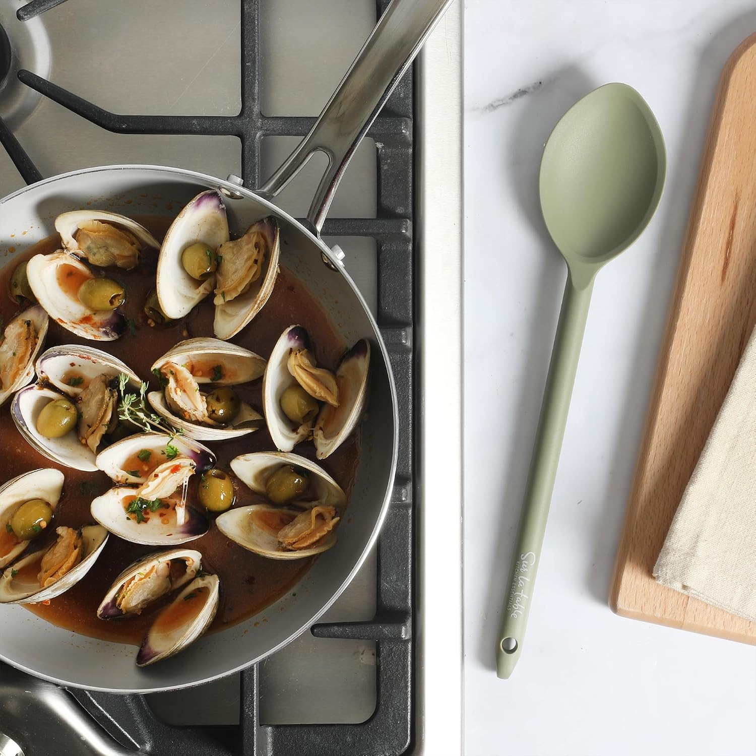 image:imageSur La Table Kitchen Essential Mealcraft Silicone Slotted Turner TaupeJuniper Green Silicone