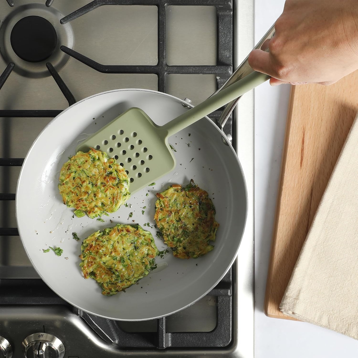 image:imageSur La Table Kitchen Essential Mealcraft Silicone Slotted Turner TaupeJuniper Green Silicone