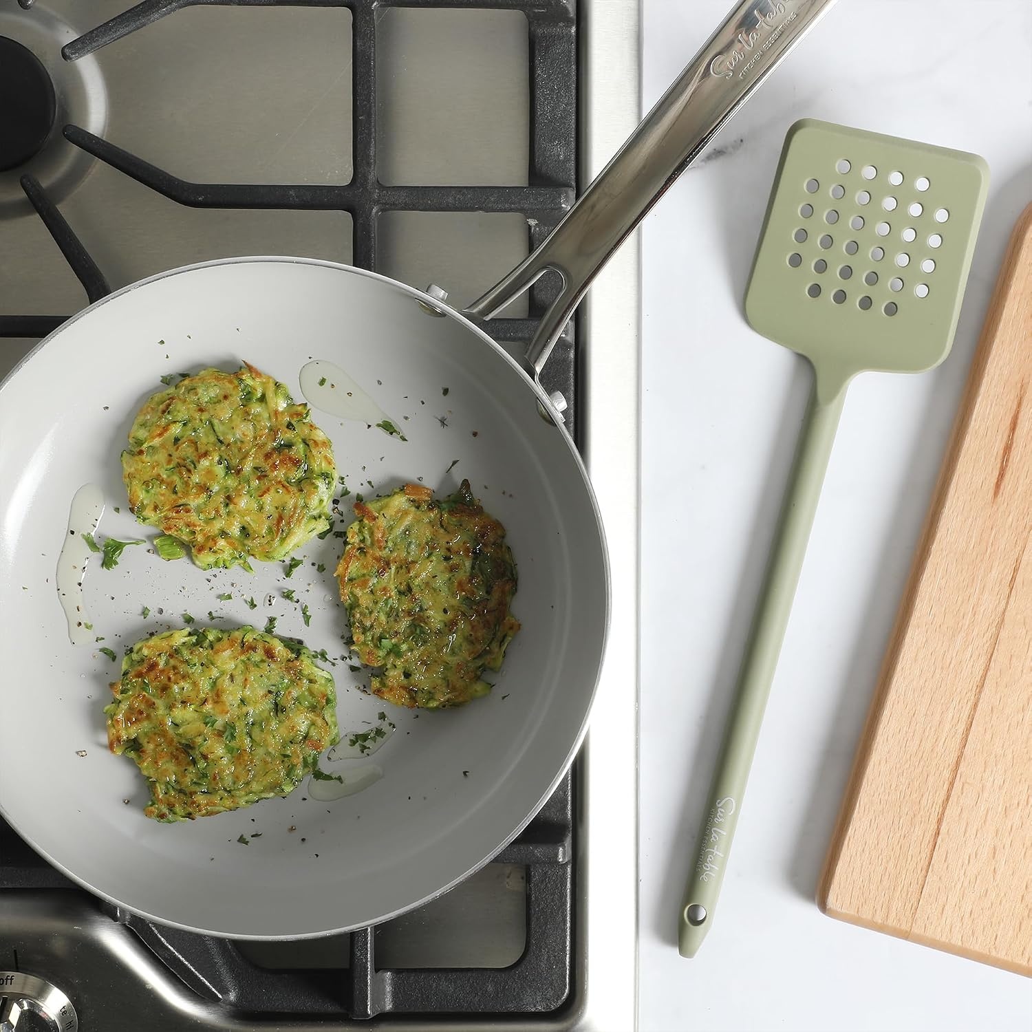 image:imageSur La Table Kitchen Essential Mealcraft Silicone Slotted Turner TaupeJuniper Green Silicone