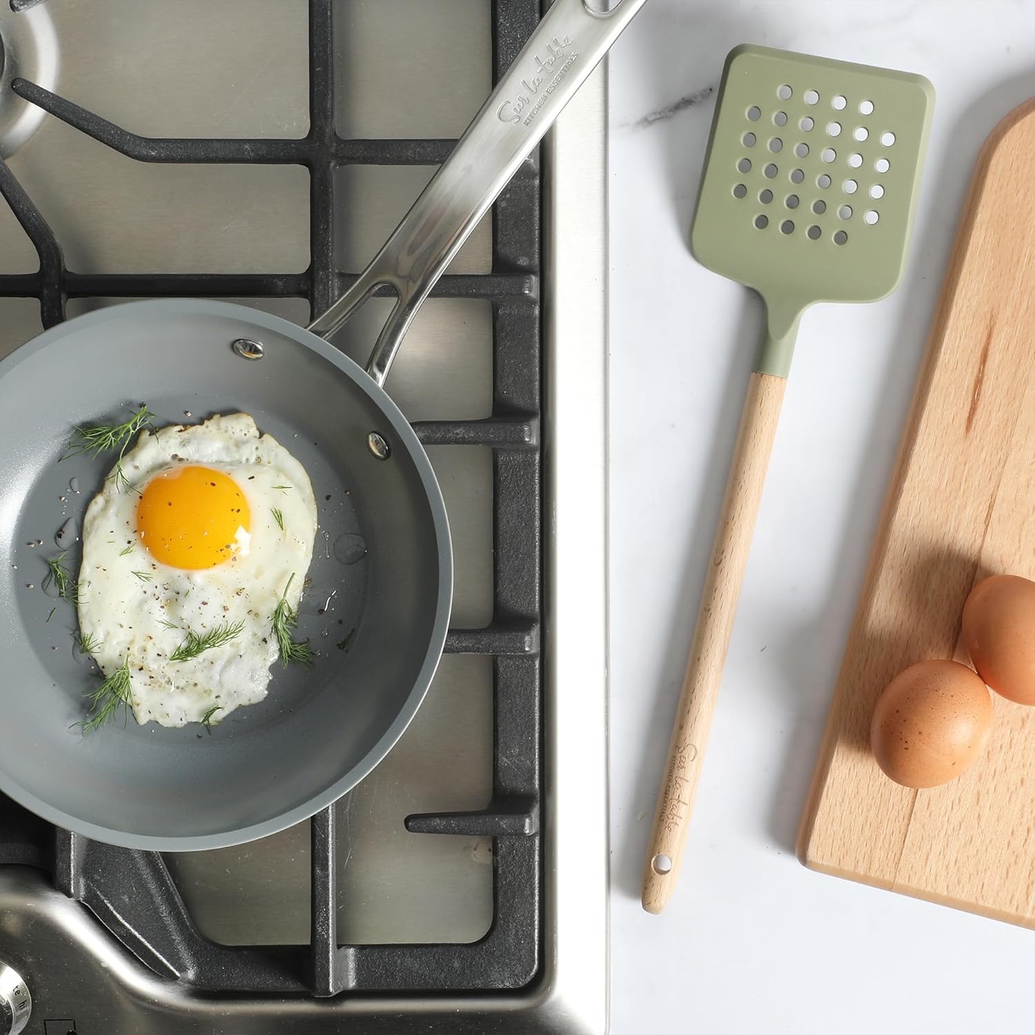 image:imageSur La Table Kitchen Essential Mealcraft Silicone Slotted Turner TaupeJuniper Green SiliconeBeechwood
