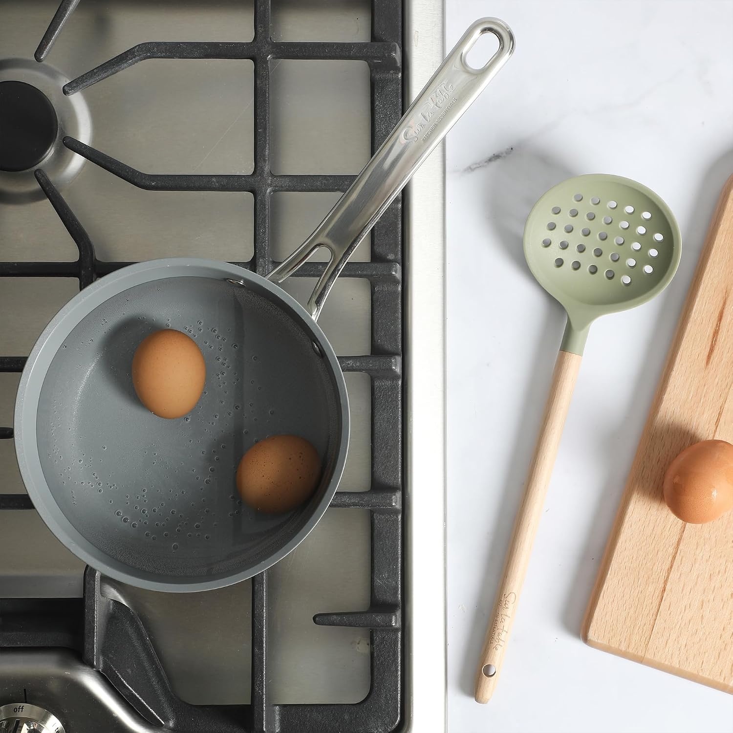 image:imageSur La Table Kitchen Essential Mealcraft Silicone Slotted Turner TaupeJuniper Green SiliconeBeechwood