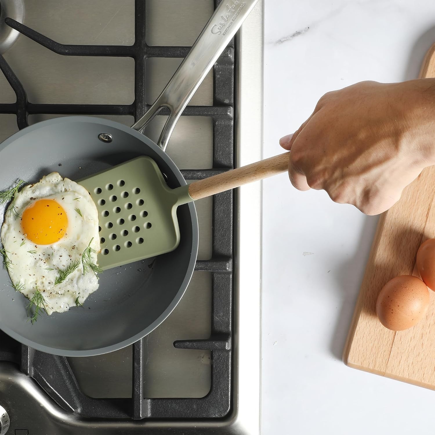 image:imageSur La Table Kitchen Essential Mealcraft Silicone Slotted Turner TaupeJuniper Green SiliconeBeechwood