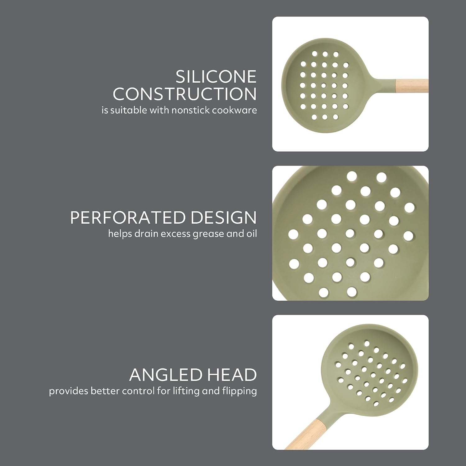 image:imageSur La Table Kitchen Essential Mealcraft Silicone Slotted Turner TaupeJuniper Green SiliconeBeechwood