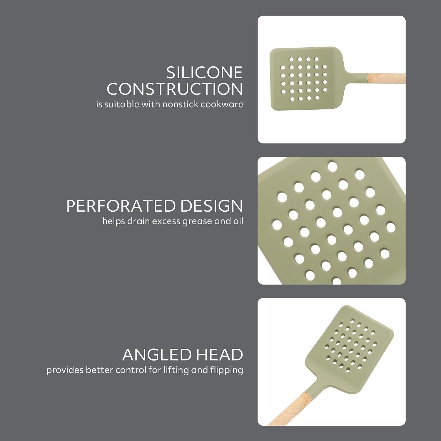 image:imageSur La Table Kitchen Essential Mealcraft Silicone Slotted Turner TaupeJuniper Green SiliconeBeechwood