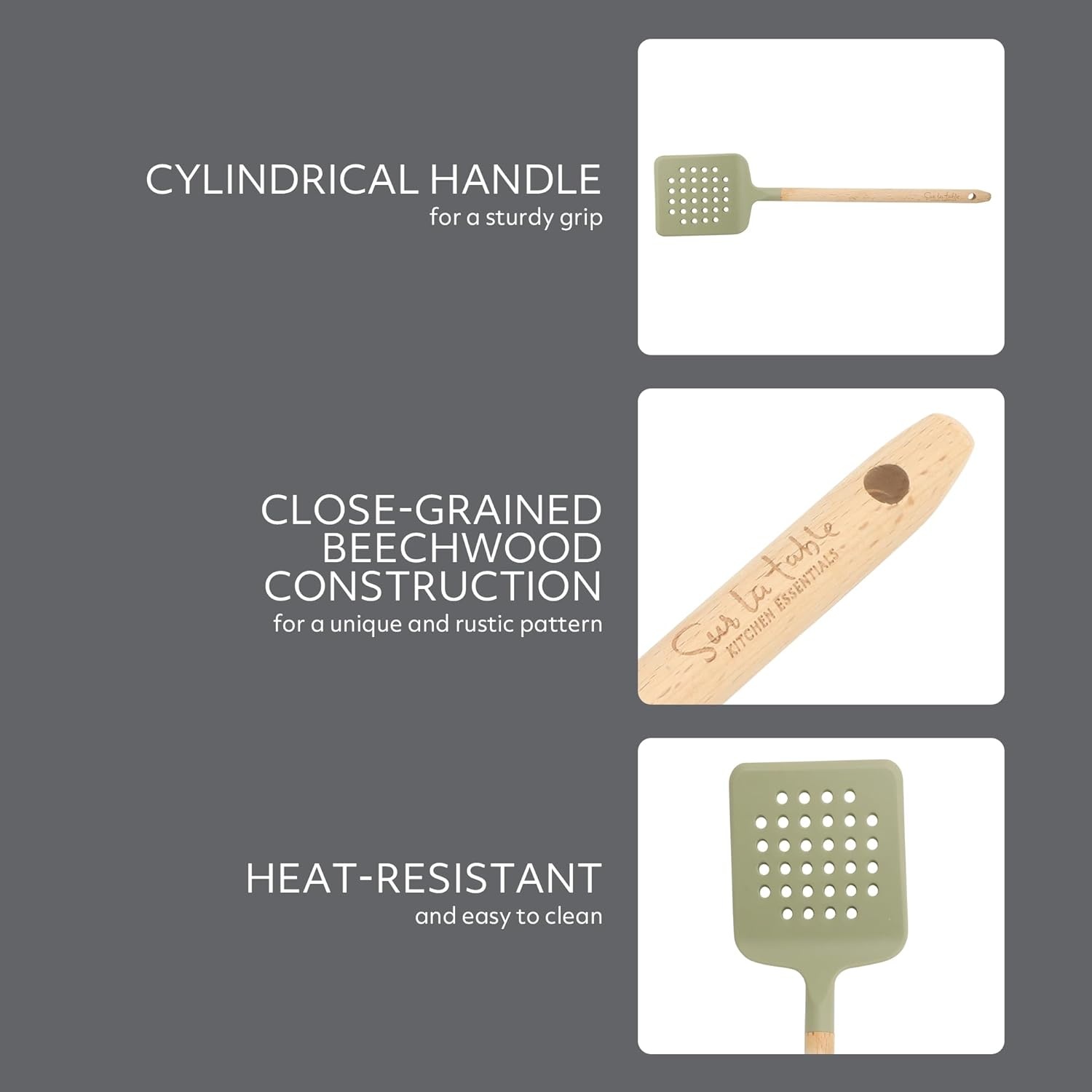 image:imageSur La Table Kitchen Essential Mealcraft Silicone Slotted Turner TaupeJuniper Green SiliconeBeechwood