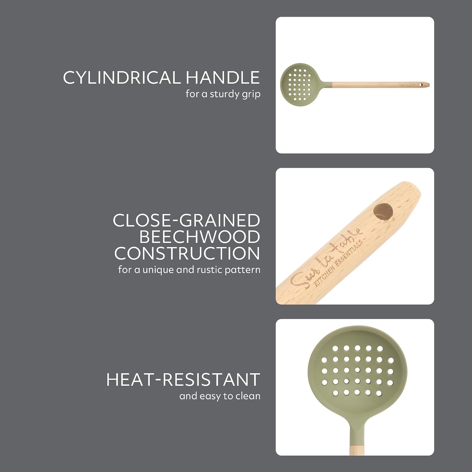 image:imageSur La Table Kitchen Essential Mealcraft Silicone Slotted Turner TaupeJuniper Green SiliconeBeechwood