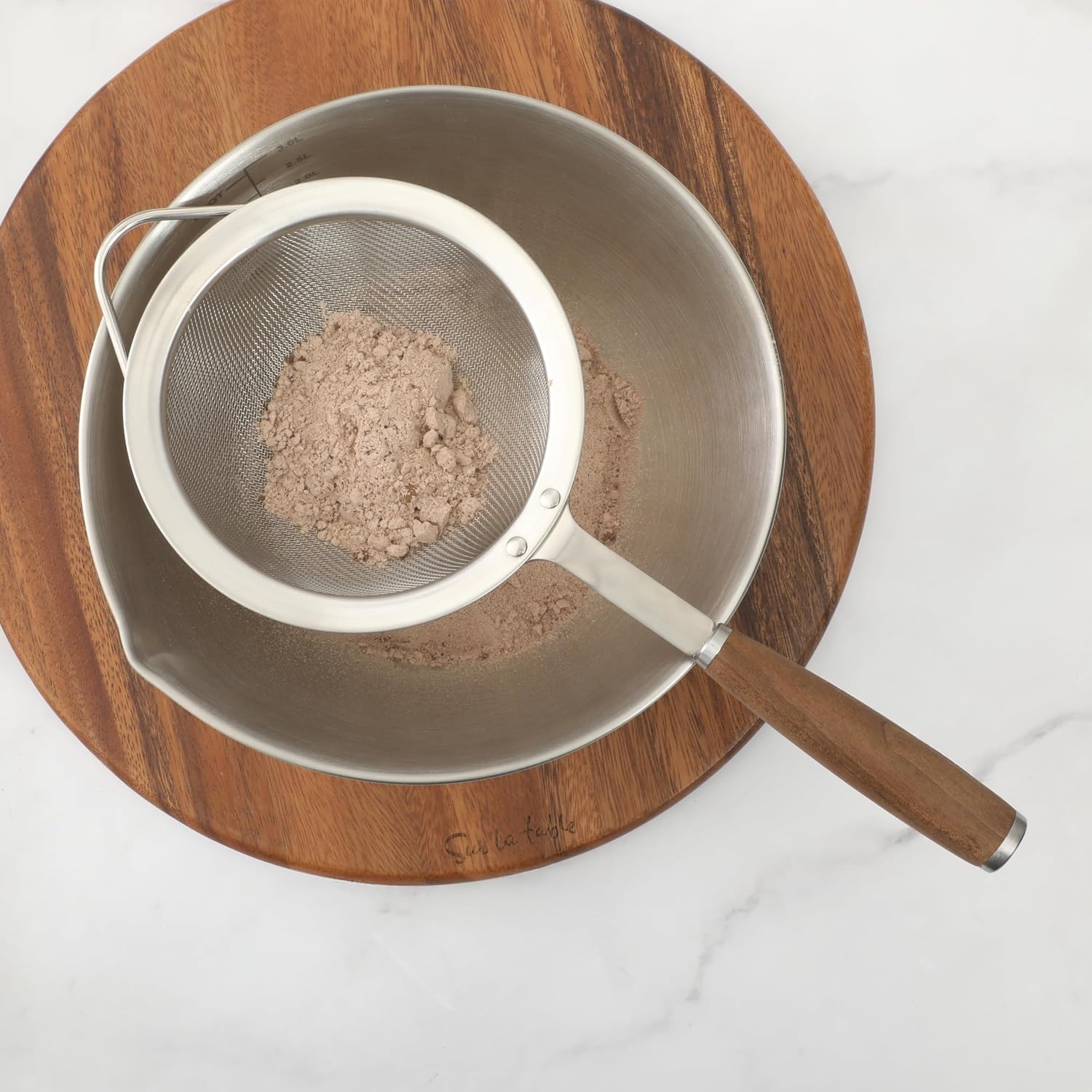 image:imageSur La Table Kitchen Essential Stainless Steel WWalnut Handle 55 Inch Mesh Strainer and Sifter