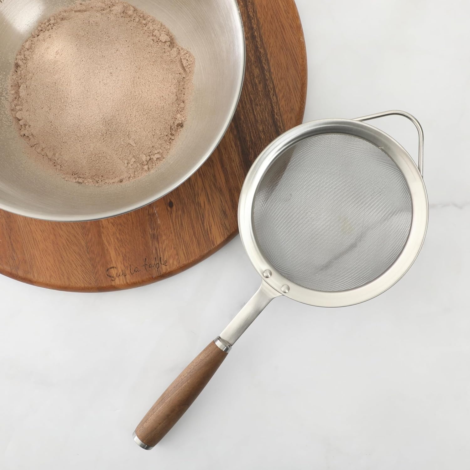image:imageSur La Table Kitchen Essential Stainless Steel WWalnut Handle 55 Inch Mesh Strainer and Sifter
