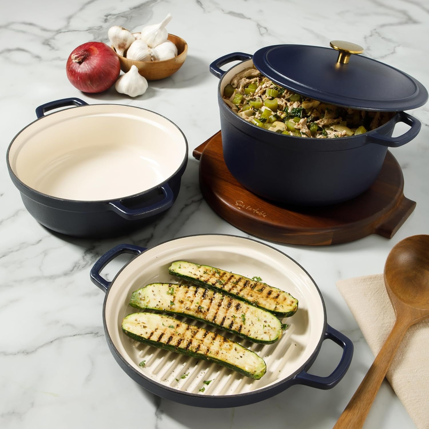 image:imageSur La Table Kitchen Essential Supper Club 5Quart EnamelCoated Cast Iron Dutch Oven Pot with Oven Safe Glass Lid OventoTable Cookware for Bread Soups Stews amp Braising Juniper GreenNavy Blue w Gold Knob Cookware Set