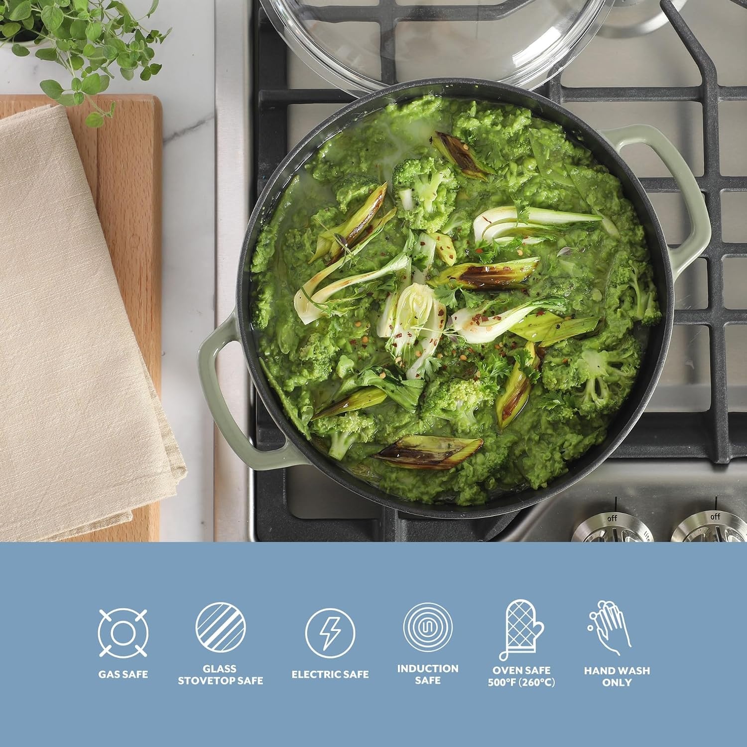 image:imageSur La Table Kitchen Essential Supper Club 5Quart EnamelCoated Cast Iron Dutch Oven Pot with Oven Safe Glass Lid OventoTable Cookware for Bread Soups Stews amp Braising Juniper GreenJuniper Green 5qt Dutch