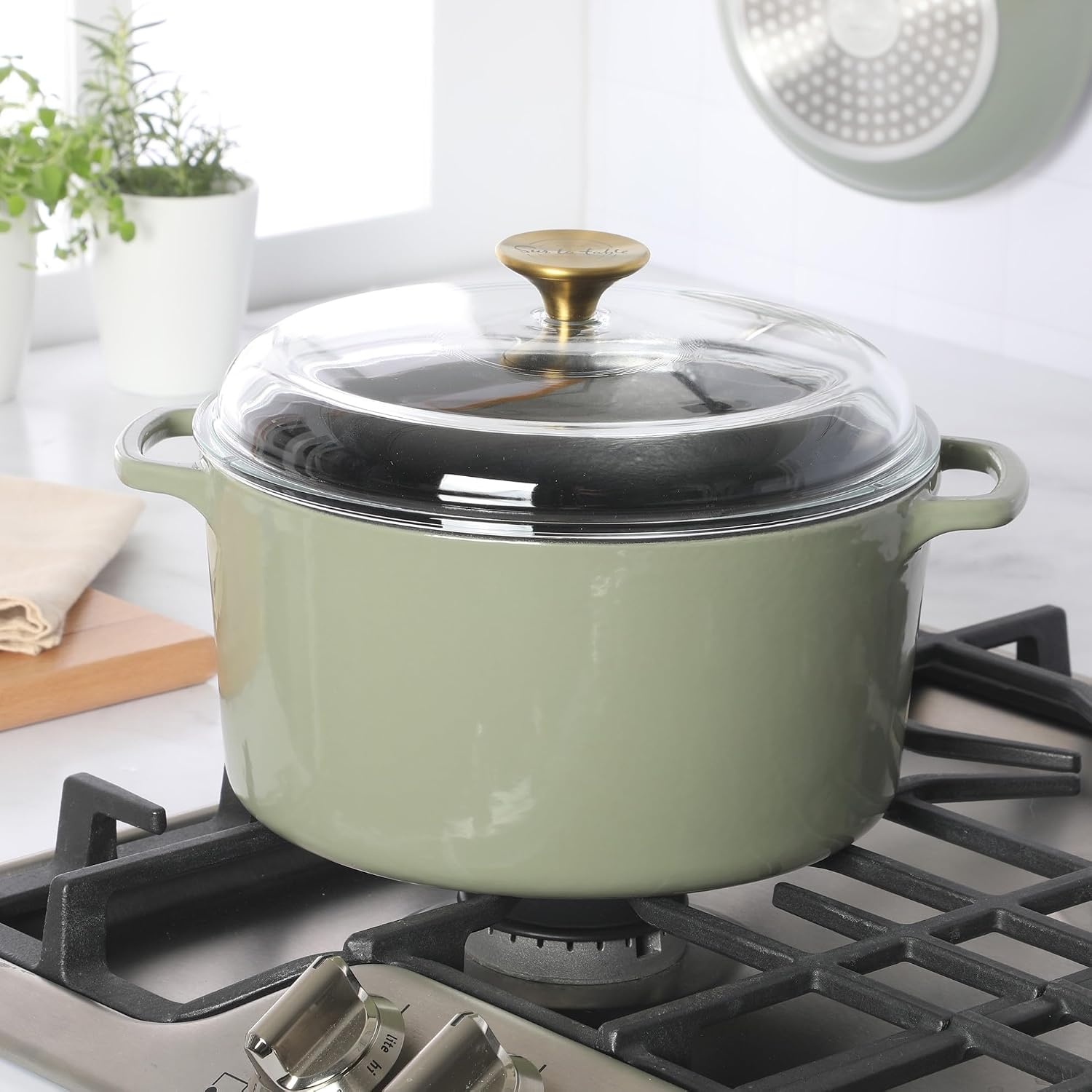 image:imageSur La Table Kitchen Essential Supper Club 5Quart EnamelCoated Cast Iron Dutch Oven Pot with Oven Safe Glass Lid OventoTable Cookware for Bread Soups Stews amp Braising Juniper GreenJuniper Green 5qt Dutch