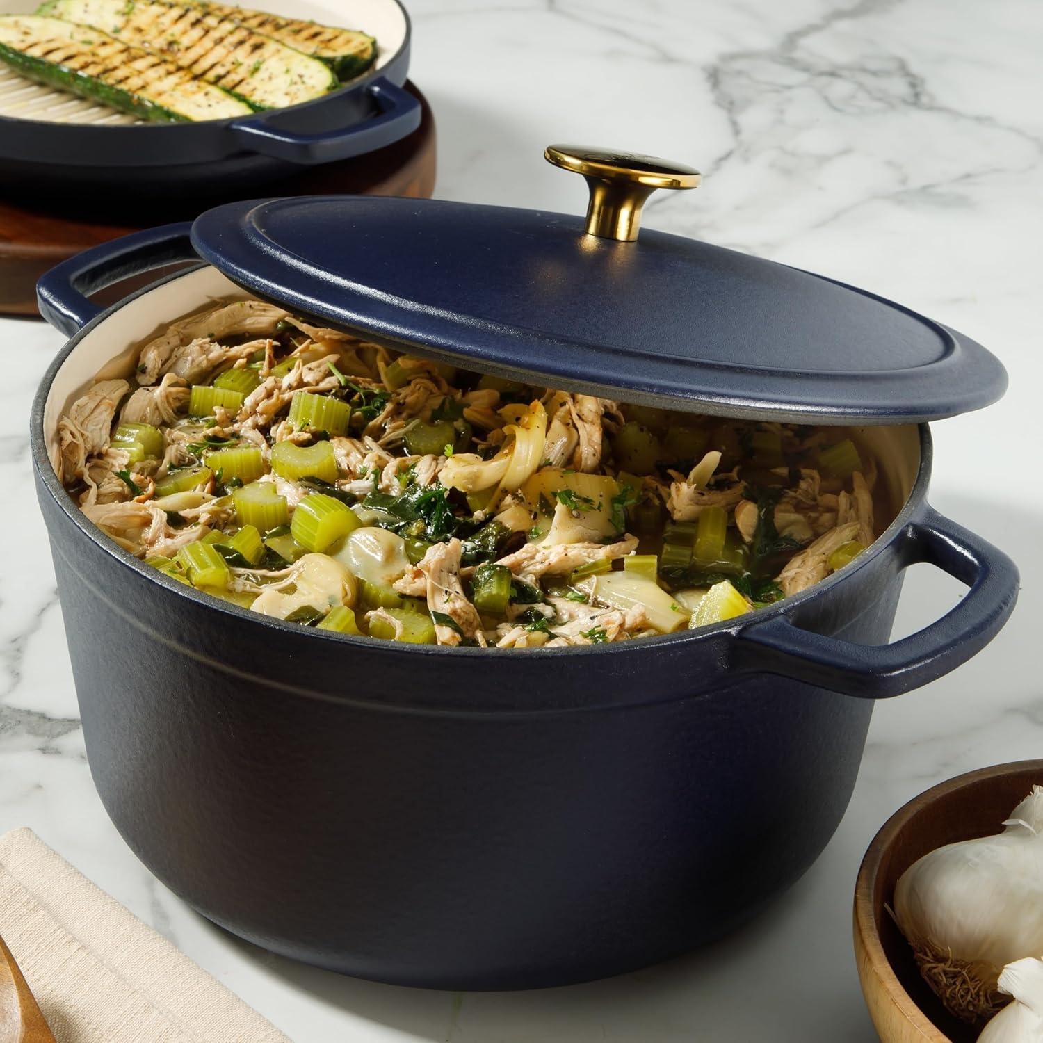 image:imageSur La Table Kitchen Essential Supper Club 5Quart EnamelCoated Cast Iron Dutch Oven Pot with Oven Safe Glass Lid OventoTable Cookware for Bread Soups Stews amp Braising Juniper GreenNavy Blue w Gold Knob Cookware Set