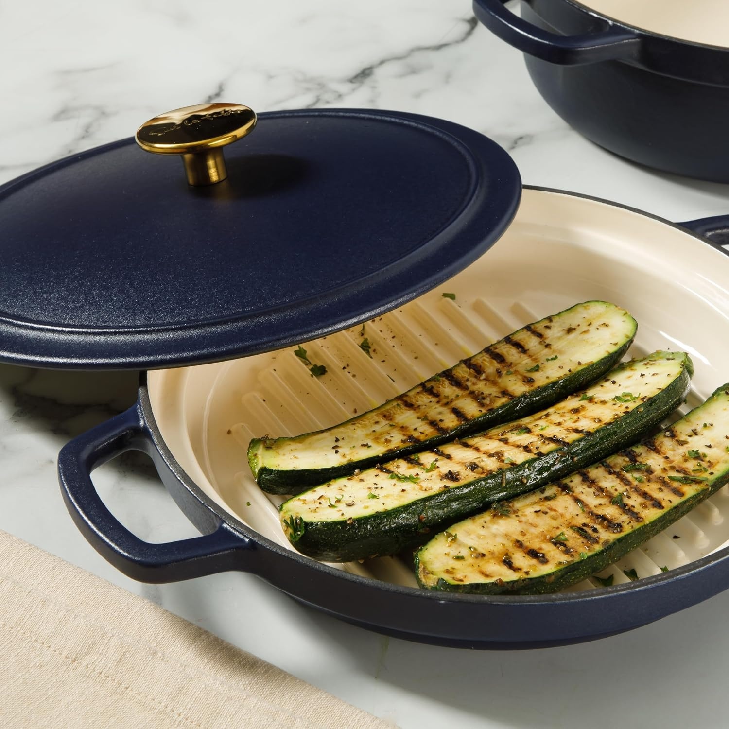 image:imageSur La Table Kitchen Essential Supper Club 5Quart EnamelCoated Cast Iron Dutch Oven Pot with Oven Safe Glass Lid OventoTable Cookware for Bread Soups Stews amp Braising Juniper GreenNavy Blue w Gold Knob Cookware Set