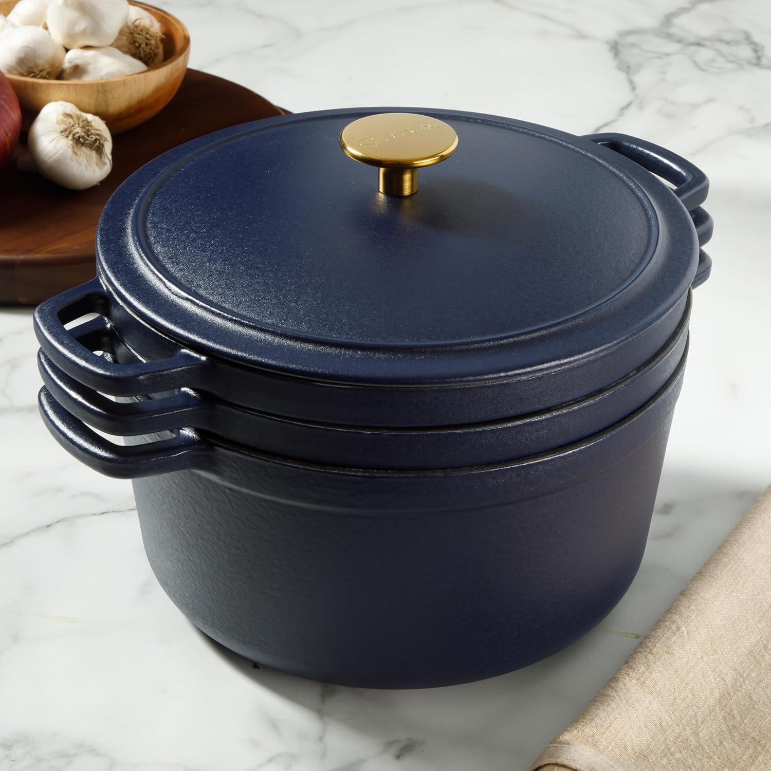 image:imageSur La Table Kitchen Essential Supper Club 5Quart EnamelCoated Cast Iron Dutch Oven Pot with Oven Safe Glass Lid OventoTable Cookware for Bread Soups Stews amp Braising Juniper GreenNavy Blue w Gold Knob Cookware Set