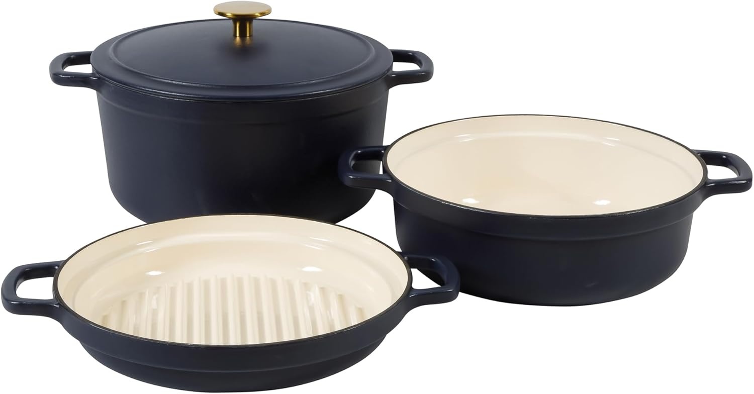 image:imageSur La Table Kitchen Essential Supper Club 5Quart EnamelCoated Cast Iron Dutch Oven Pot with Oven Safe Glass Lid OventoTable Cookware for Bread Soups Stews amp Braising Juniper GreenNavy Blue w Gold Knob Cookware Set