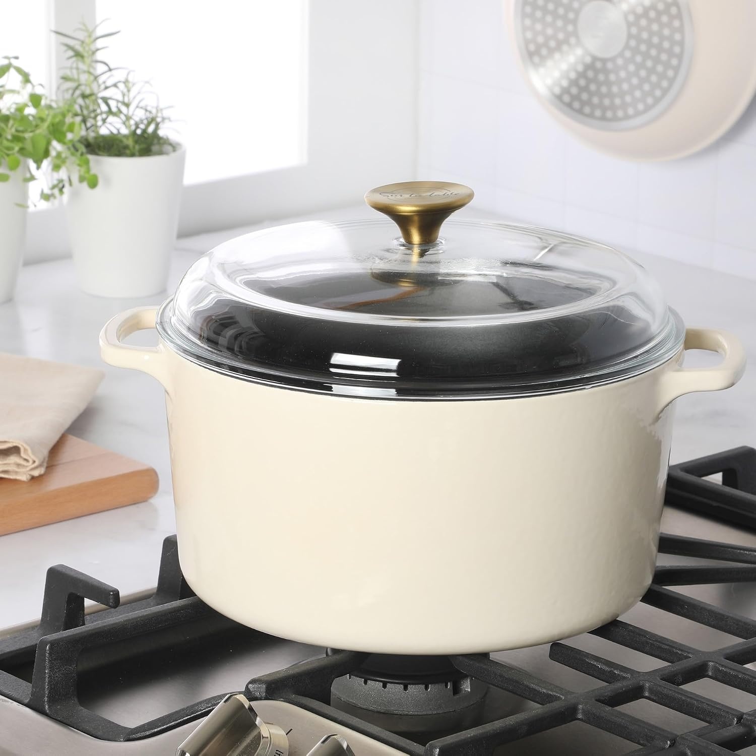 image:imageSur La Table Kitchen Essential Supper Club 5Quart EnamelCoated Cast Iron Dutch Oven Pot with Oven Safe Glass Lid OventoTable Cookware for Bread Soups Stews amp Braising Juniper GreenEggshell White 5qt Dutch