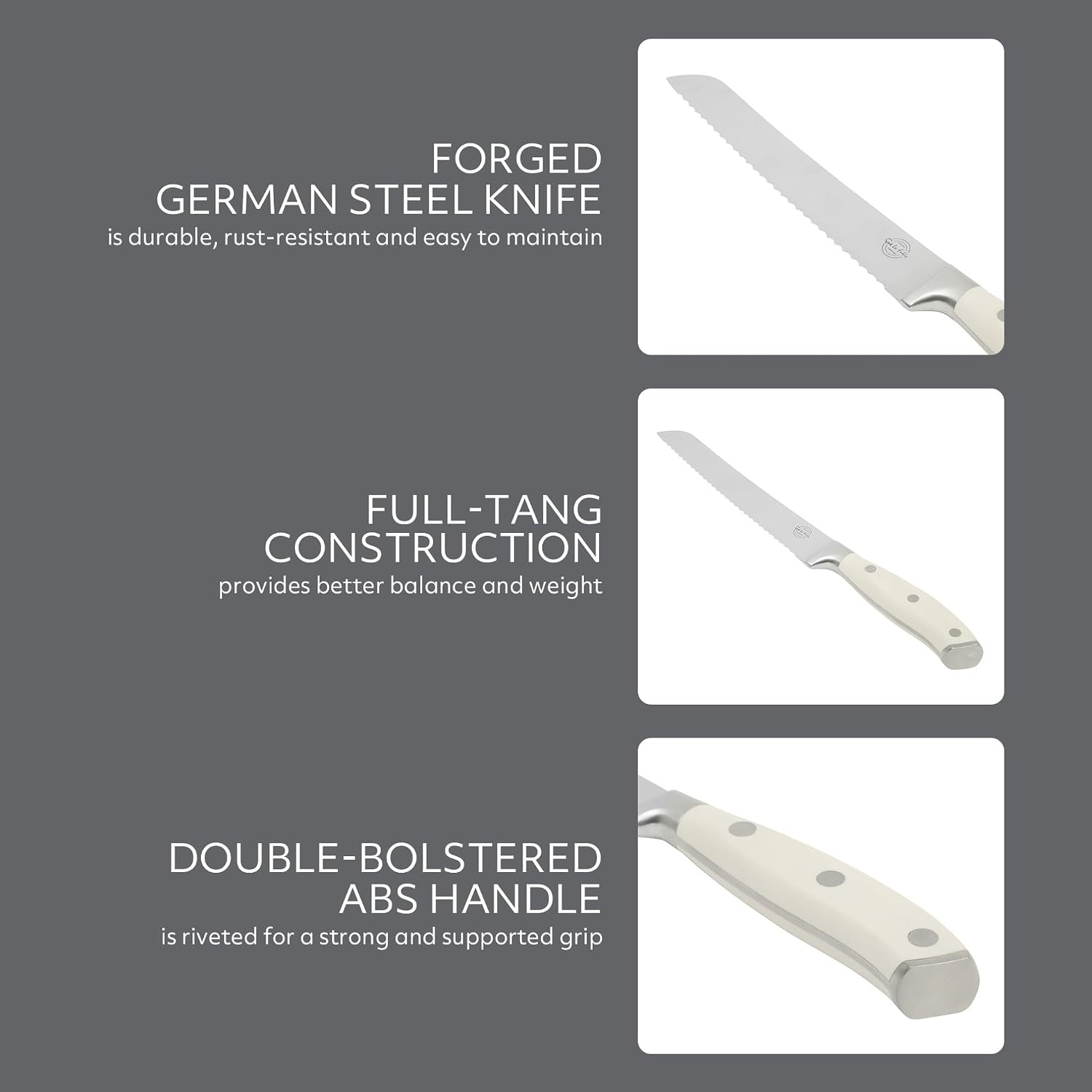 image:imageSur La Table Kitchen Essential Tasting Kitchen German Steel Bread Knife 8Inch Stainless Steel Blade Professional Kitchen Knife with White Handle and Forged Full Tang
