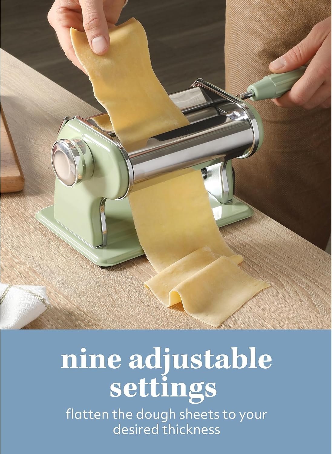 image:imageSur La Table Kitchen Essential Va Bene Manual Pasta Maker Machine Noodle Maker wRollers amp Cutters Spaghetti Fettuccini Lasagna or Dumpling Skin Stainless SteelJuniper Green