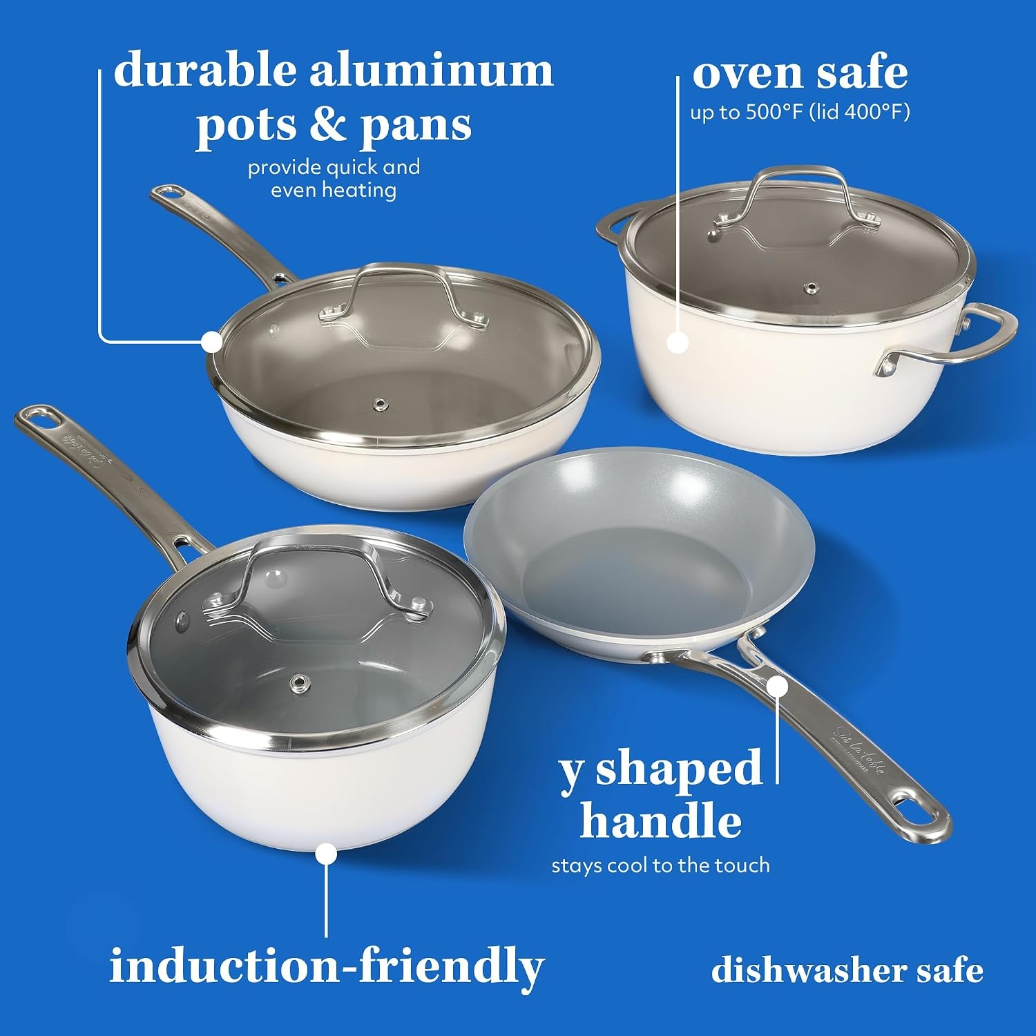image:imageSur La Table Kitchen Essentials 10 Piece PFA Free Titanium Ceramic Nonstick Interior Forged Aluminum Cookware Pots and Pans Set Black Induction CompatibleLinen White