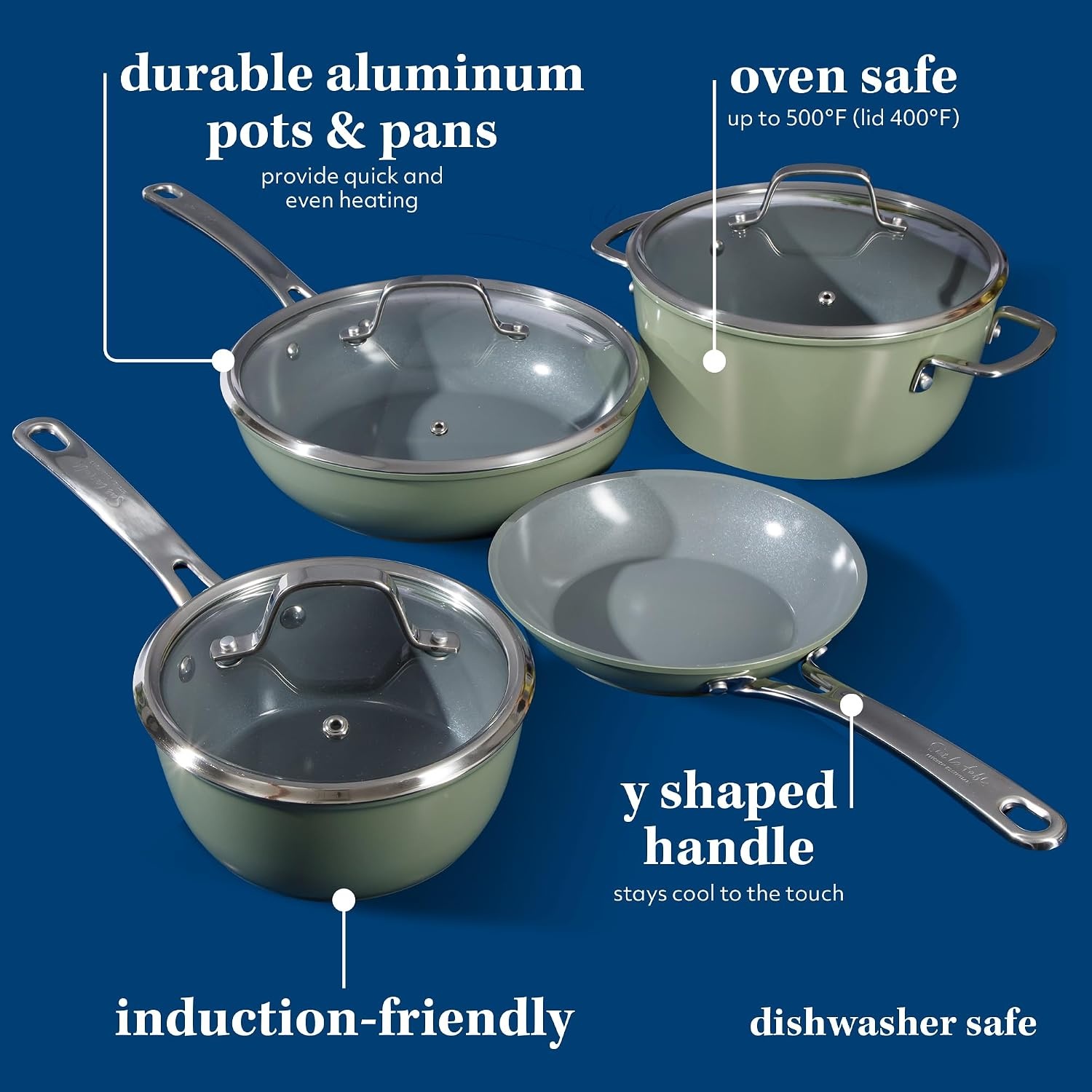 image:imageSur La Table Kitchen Essentials 10 Piece PFA Free Titanium Ceramic Nonstick Interior Forged Aluminum Cookware Pots and Pans Set Black Induction CompatibleGreen