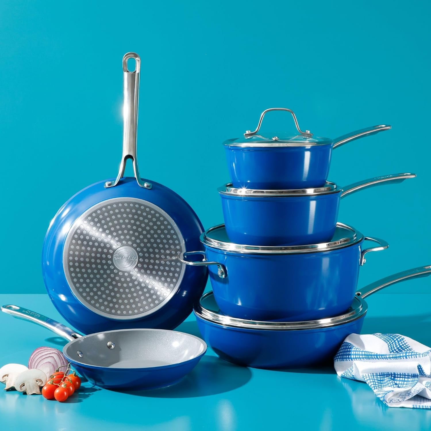 image:imageSur La Table Kitchen Essentials 10 Piece PFA Free Titanium Ceramic Nonstick Interior Forged Aluminum Cookware Pots and Pans Set Black Induction CompatibleBlue
