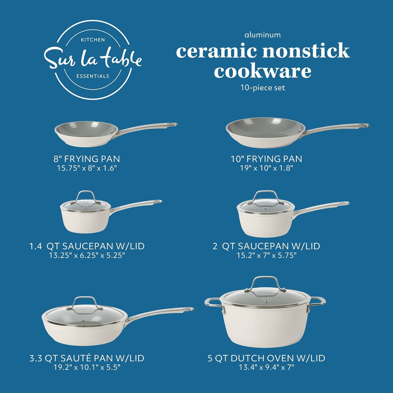 image:imageSur La Table Kitchen Essentials 10 Piece PFA Free Titanium Ceramic Nonstick Interior Forged Aluminum Cookware Pots and Pans Set Black Induction CompatibleLinen White