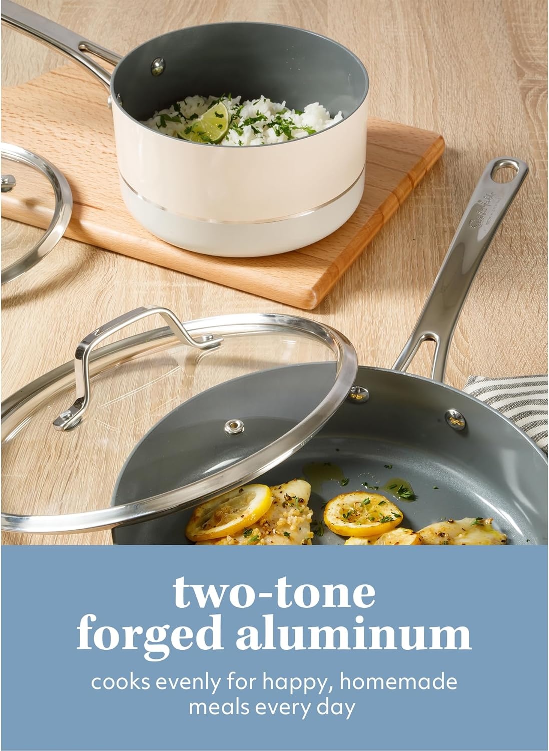 image:imageSur La Table Kitchen Essentials 10 Piece PFA Free Titanium Ceramic Nonstick Interior Forged Aluminum Cookware Pots and Pans Set Black Induction CompatibleTwoTone White Silver