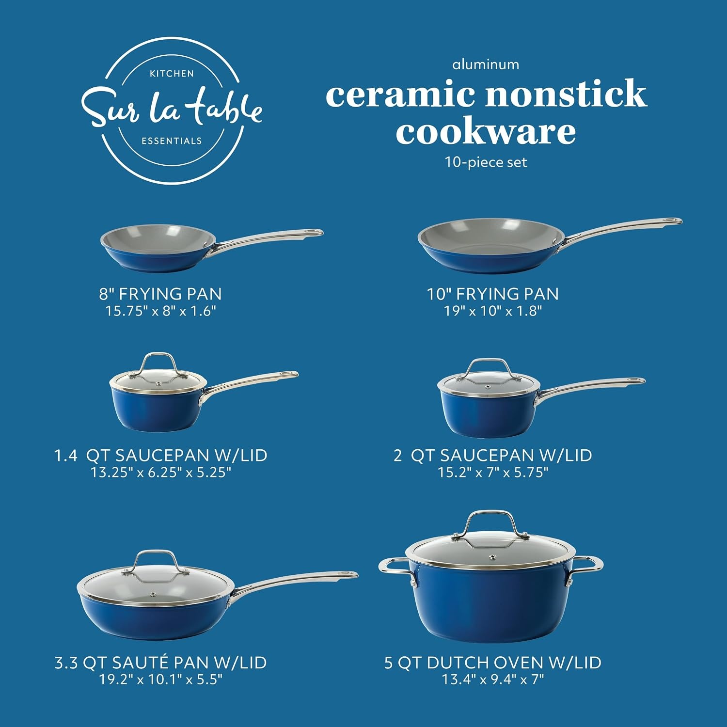 image:imageSur La Table Kitchen Essentials 10 Piece PFA Free Titanium Ceramic Nonstick Interior Forged Aluminum Cookware Pots and Pans Set Black Induction CompatibleBlue