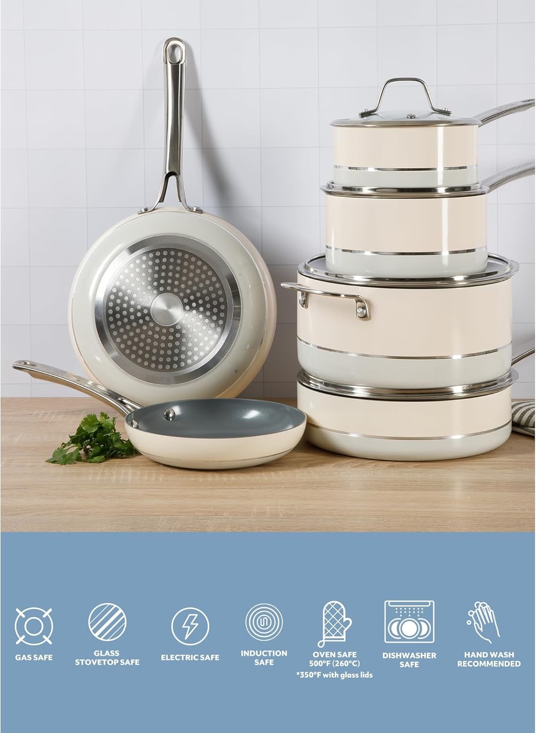 image:imageSur La Table Kitchen Essentials 10 Piece PFA Free Titanium Ceramic Nonstick Interior Forged Aluminum Cookware Pots and Pans Set Black Induction CompatibleTwoTone White Silver