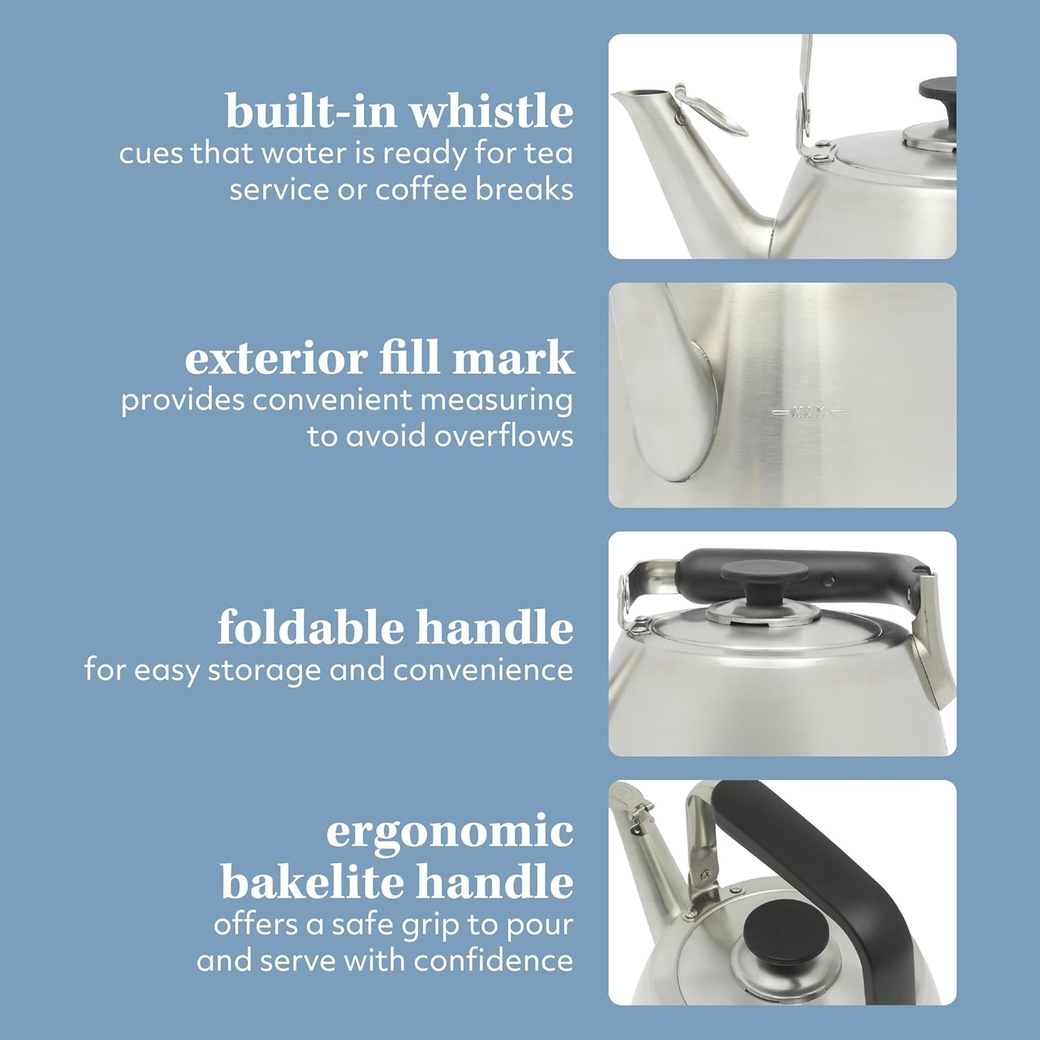 image:imageSur La Table Kitchen Essentials 19Quart Heavy Gauge Brushed Stainless Steel Whistling Tea Kettle Durable Stovetop KettleBrushed Stainless