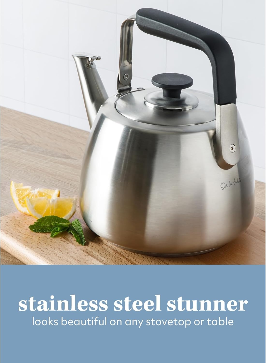 image:imageSur La Table Kitchen Essentials 19Quart Heavy Gauge Brushed Stainless Steel Whistling Tea Kettle Durable Stovetop KettleBrushed Stainless