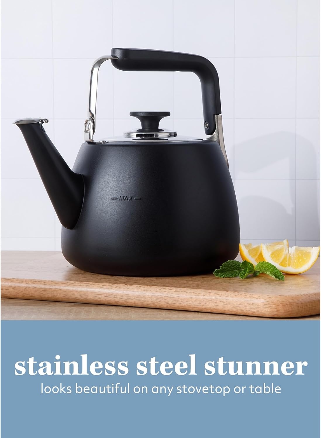 image:imageSur La Table Kitchen Essentials 19Quart Heavy Gauge Brushed Stainless Steel Whistling Tea Kettle Durable Stovetop KettleMatte Black