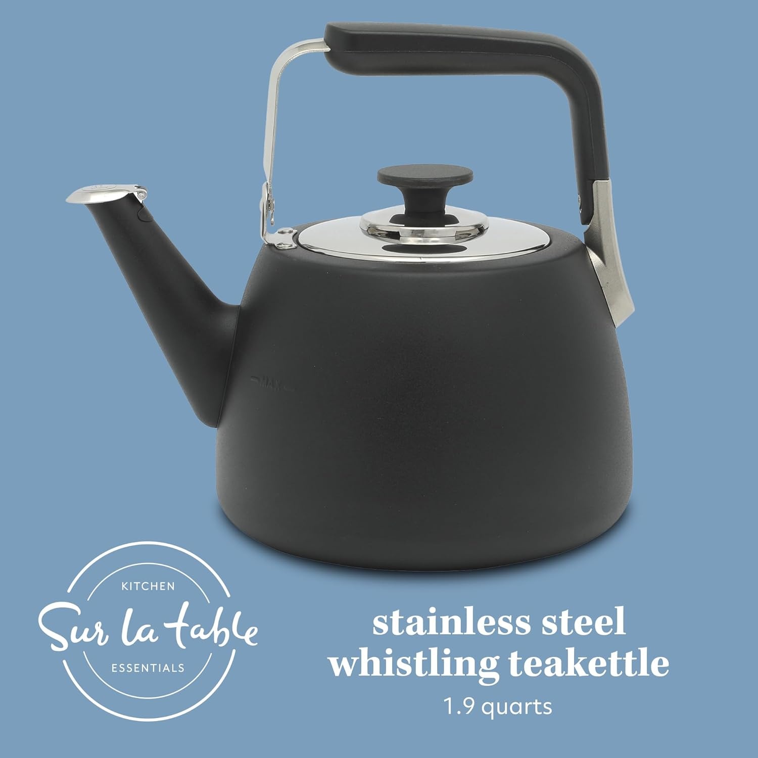 image:imageSur La Table Kitchen Essentials 19Quart Heavy Gauge Brushed Stainless Steel Whistling Tea Kettle Durable Stovetop KettleMatte Black