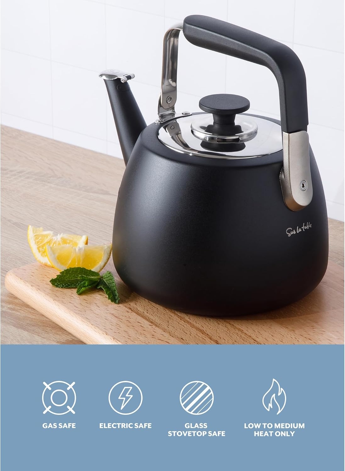 image:imageSur La Table Kitchen Essentials 19Quart Heavy Gauge Brushed Stainless Steel Whistling Tea Kettle Durable Stovetop KettleMatte Black