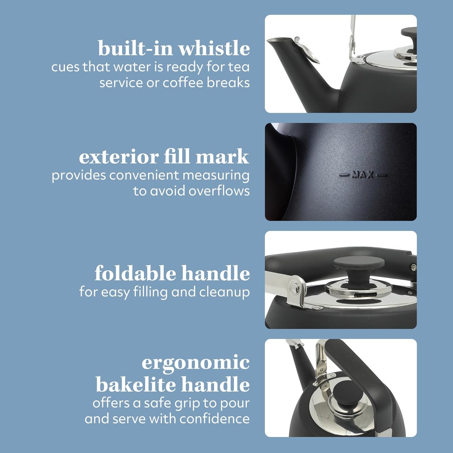 image:imageSur La Table Kitchen Essentials 19Quart Heavy Gauge Brushed Stainless Steel Whistling Tea Kettle Durable Stovetop KettleMatte Black