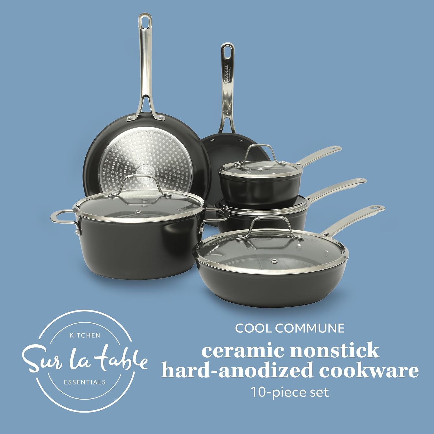 image:imageSur La Table Kitchen Essentials Cool Commune Hard Anodized 10 Piece PFA Free Ceramic Non stick Interior Forged Durable Aluminum Pots and Pans Cookware Set Black Induction CompatibleBlack Hard Anodized Aluminum