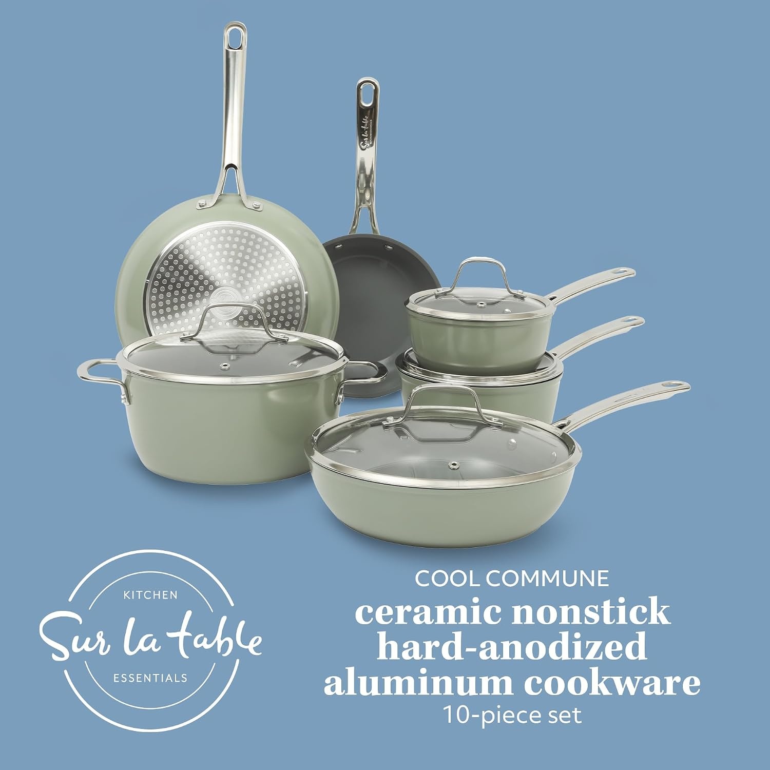 image:imageSur La Table Kitchen Essentials Cool Commune Hard Anodized 10 Piece PFA Free Ceramic Non stick Interior Forged Durable Aluminum Pots and Pans Cookware Set Black Induction CompatibleGreen Hard Anodized Aluminum