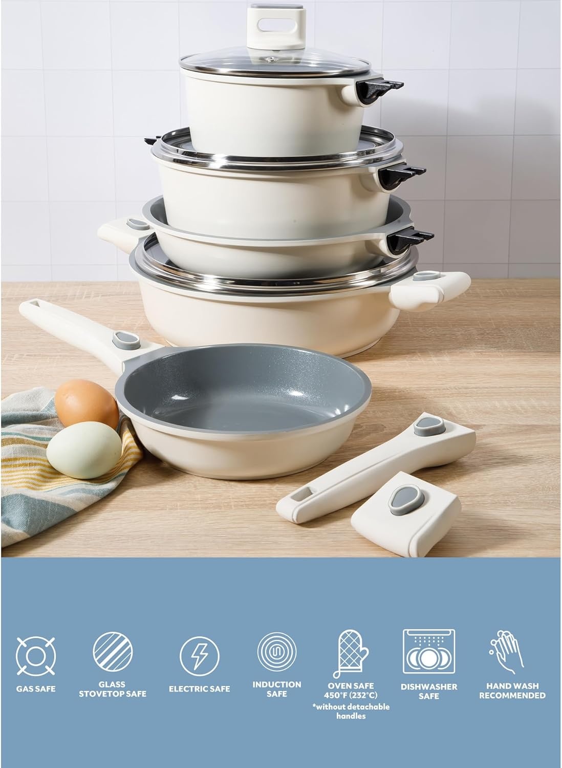 image:imageSur La Table Kitchen Essentials Craft Studio Cast Aluminum Detachable Handle 8 and 10 Inch Skillet Fry Pan Set wPFA Free Ceramic Non Stick Removable Handle Induction Safe Eggshell WhiteEggshell White