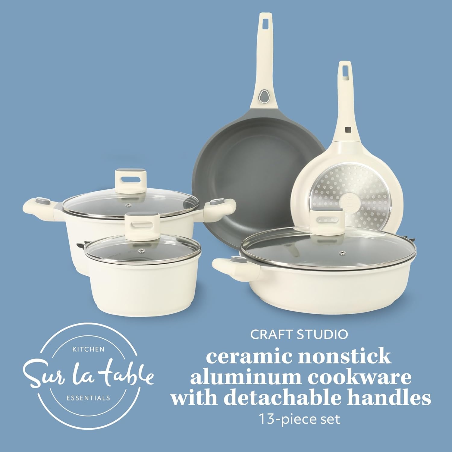 image:imageSur La Table Kitchen Essentials Craft Studio Cast Aluminum Detachable Handle 8 and 10 Inch Skillet Fry Pan Set wPFA Free Ceramic Non Stick Removable Handle Induction Safe Eggshell WhiteEggshell White