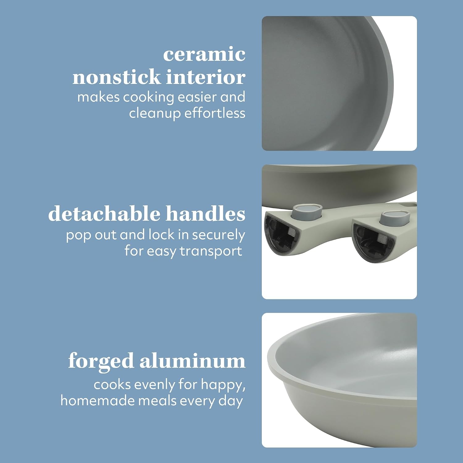 image:imageSur La Table Kitchen Essentials Craft Studio Cast Aluminum Detachable Handle 8 and 10 Inch Skillet Fry Pan Set wPFA Free Ceramic Non Stick Removable Handle Induction Safe Eggshell WhiteJuniper Green Fry Pan