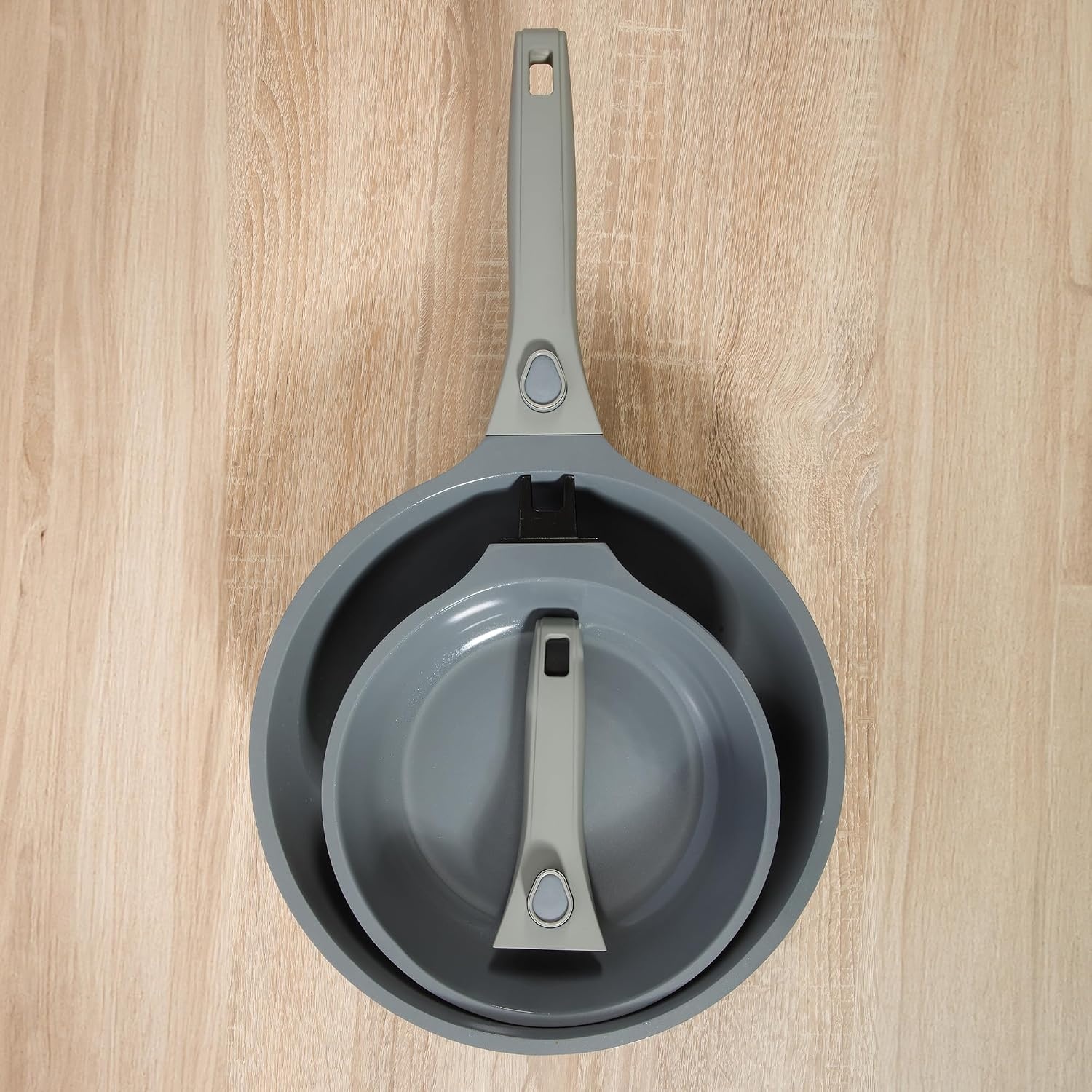 image:imageSur La Table Kitchen Essentials Craft Studio Cast Aluminum Detachable Handle 8 and 10 Inch Skillet Fry Pan Set wPFA Free Ceramic Non Stick Removable Handle Induction Safe Eggshell WhiteJuniper Green Fry Pan