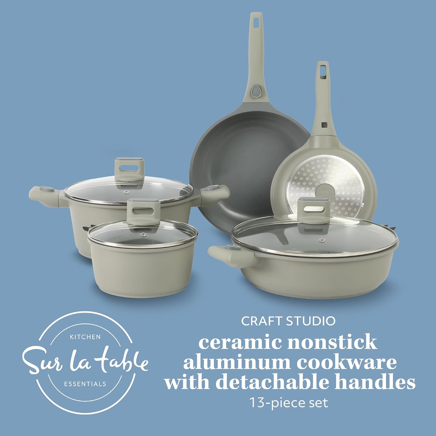 image:imageSur La Table Kitchen Essentials Craft Studio Cast Aluminum Detachable Handle 8 and 10 Inch Skillet Fry Pan Set wPFA Free Ceramic Non Stick Removable Handle Induction Safe Eggshell WhiteJuniper Green