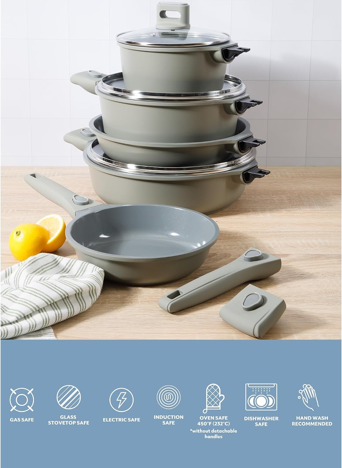image:imageSur La Table Kitchen Essentials Craft Studio Cast Aluminum Detachable Handle 8 and 10 Inch Skillet Fry Pan Set wPFA Free Ceramic Non Stick Removable Handle Induction Safe Eggshell WhiteJuniper Green
