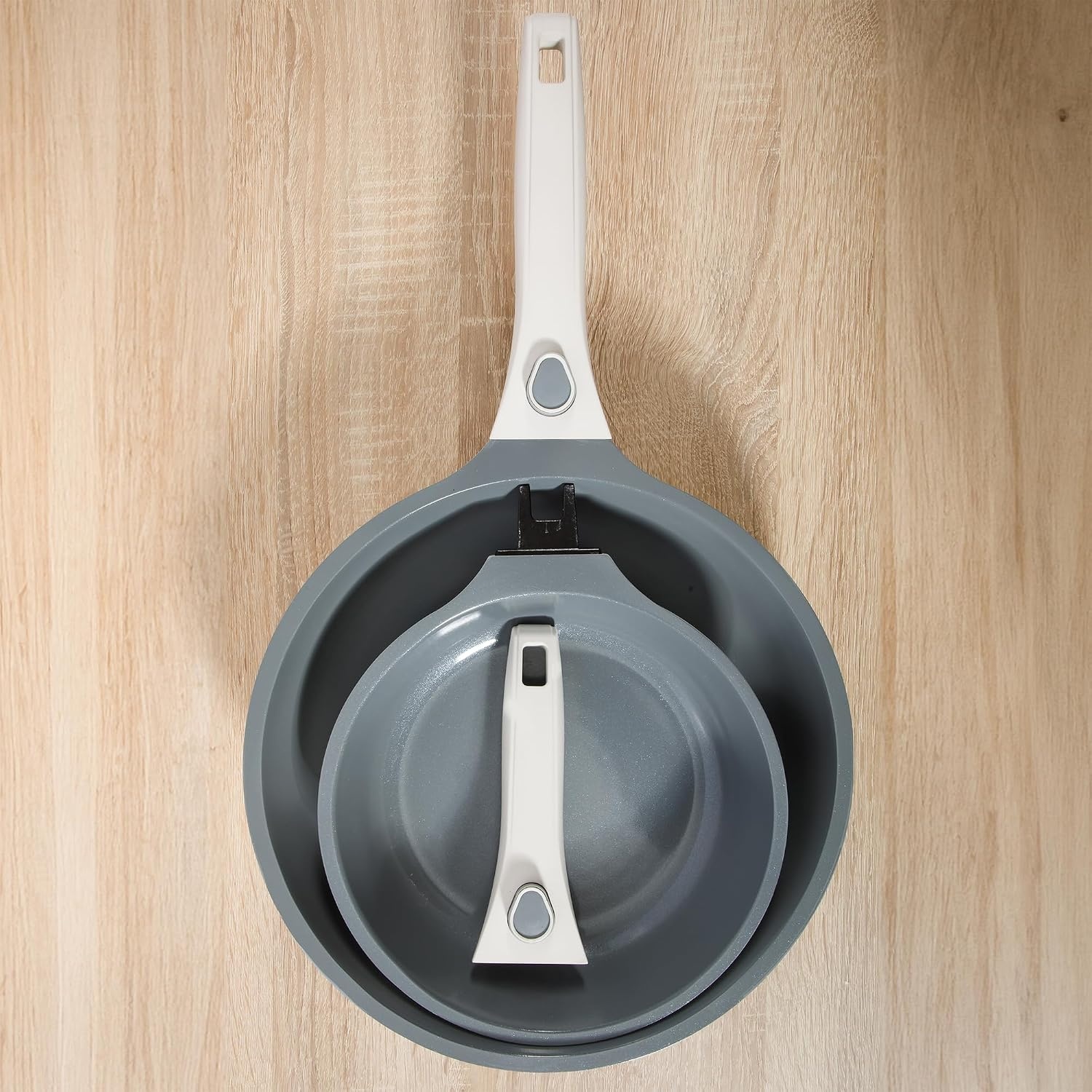 image:imageSur La Table Kitchen Essentials Craft Studio Cast Aluminum Detachable Handle 8 and 10 Inch Skillet Fry Pan Set wPFA Free Ceramic Non Stick Removable Handle Induction Safe Eggshell WhiteEggshell White Fry Pan